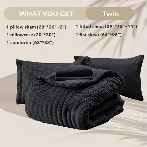 HYMOKEGE Twin Comforter Set - Black Seersucker 5-Piece Luxury Bedding Set for All Seasons