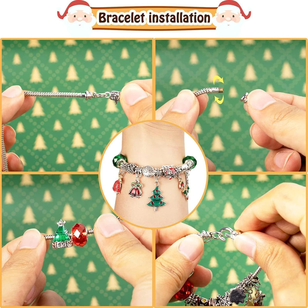 Skiennix Christmas Advent Calendar Bracelets - 24-Day DIY Jewelry Kit with 22 Charms & 2 Bracelets for Girls