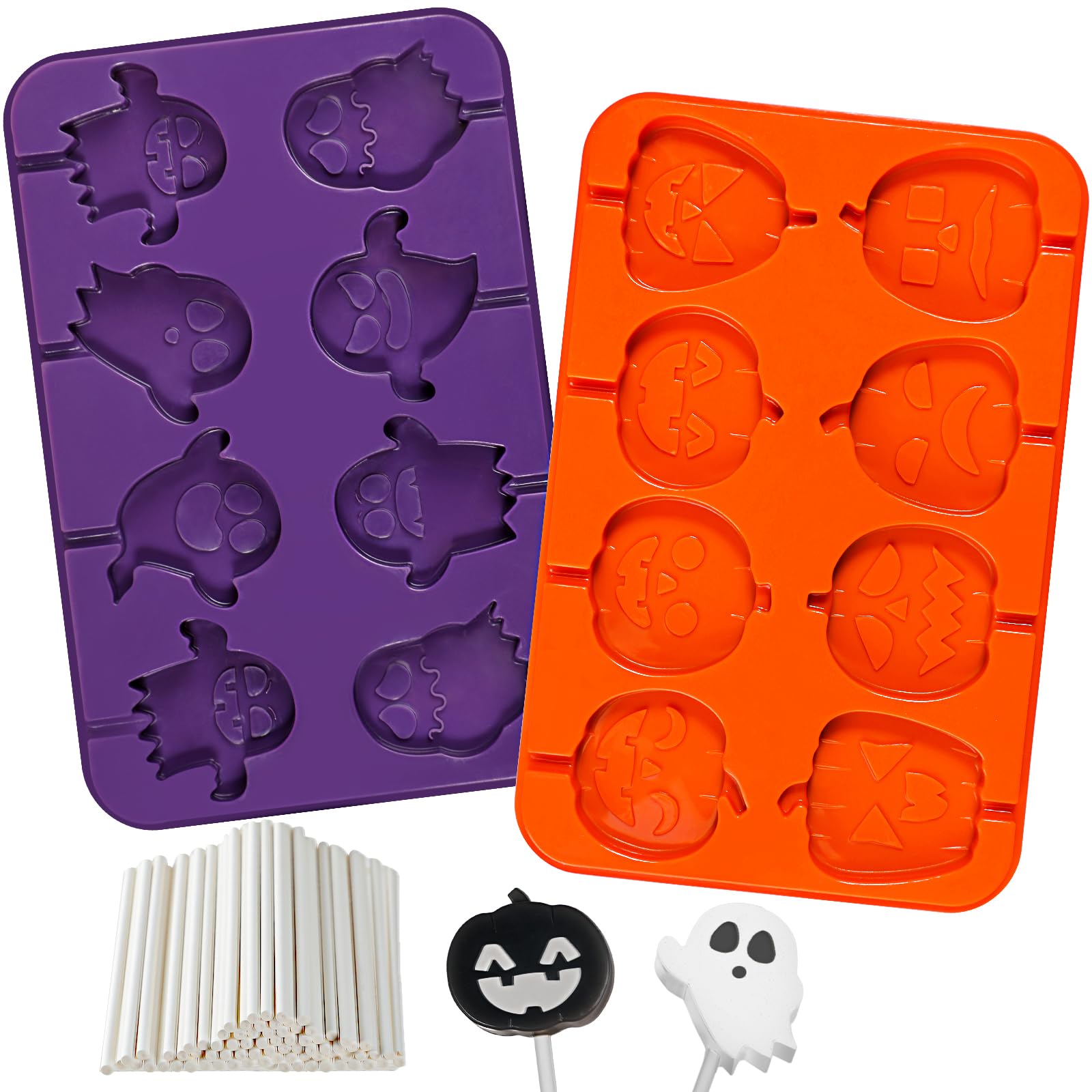 Kamehame Halloween Lollipop Molds, Silicone Pumpkin Ghost Lollipop Molds of with 100 Paper Lollipop Sticks for DIY Chocolate, Candy