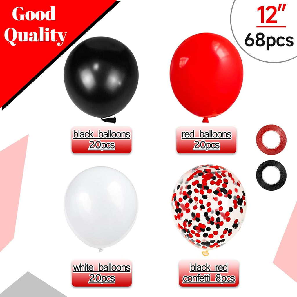Red Black White Latex Balloons by [Brand Name] - 68 Pcs 12 Inch with Confetti for Birthday, Wedding & Graduation