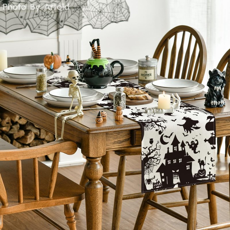 Artoid Mode Black White Spooky Haunted House Tree Ghost Witch Halloween Table Runner, Kitchen Dining Table Decoration for Home Party Decor 13x120 Inch