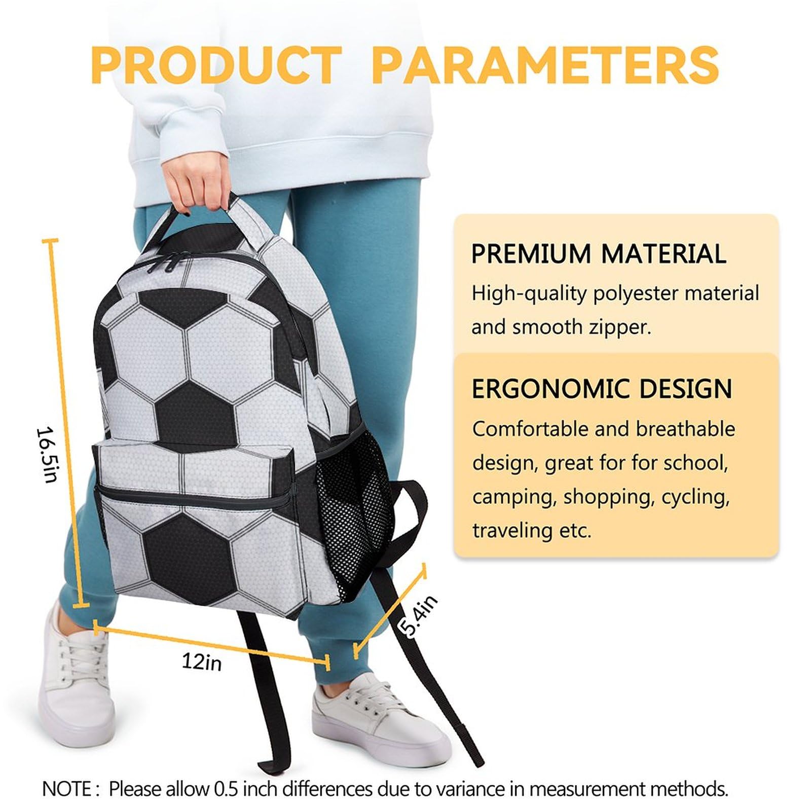 NICEFORNICE Soccer Backpack for Kids, 17 Inch Sport Backpacks for School, Black Lightweight Bookbag for Boys