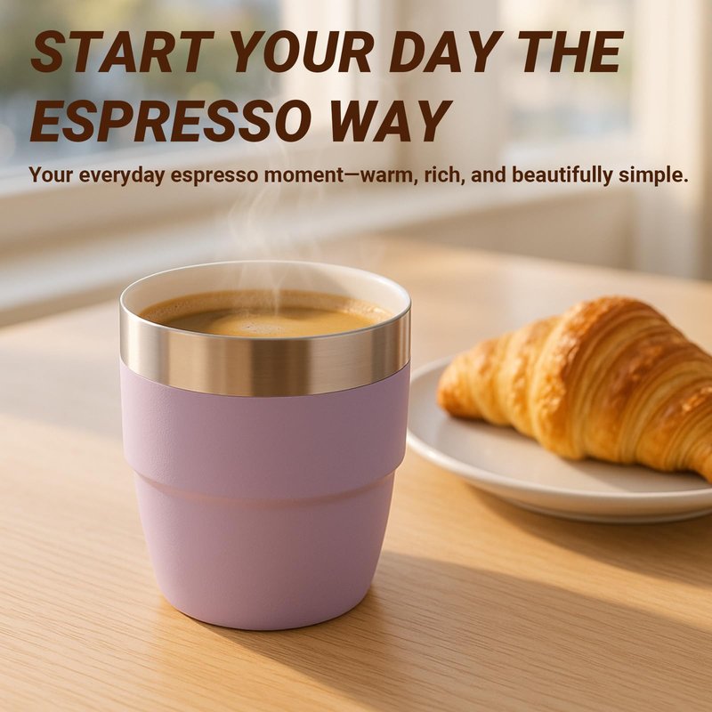 Cafezi 4 oz Small Espresso Cup, Ceramic-Lined 18/8 Stainless Steel, Double-Wall Vacuum Insulated, Stackable, Dishwasher Safe, Fits Most Espresso Machines, for Espresso Shots (Lilac, 2 Pack)
