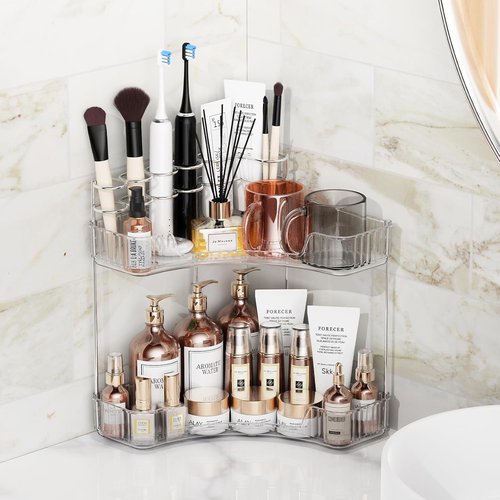 Asayuee 2-Tier Corner Bathroom Organizer - Large Makeup & Skincare Holder with Toothbrush Slots | Clear