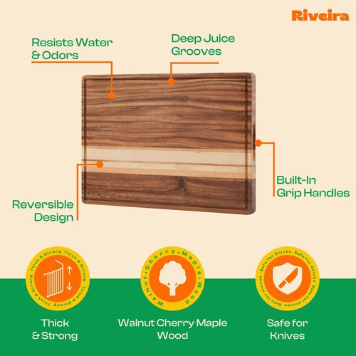 Riveira Walnut/Maple/Cherry Wood Cutting Board – Gourmet Grandeur: 18 x 12 Wooden Cutting Board – Natural Wooden Cutting Boards For Kitchen – Innovative Juice Grooves Wooden Chopping Board