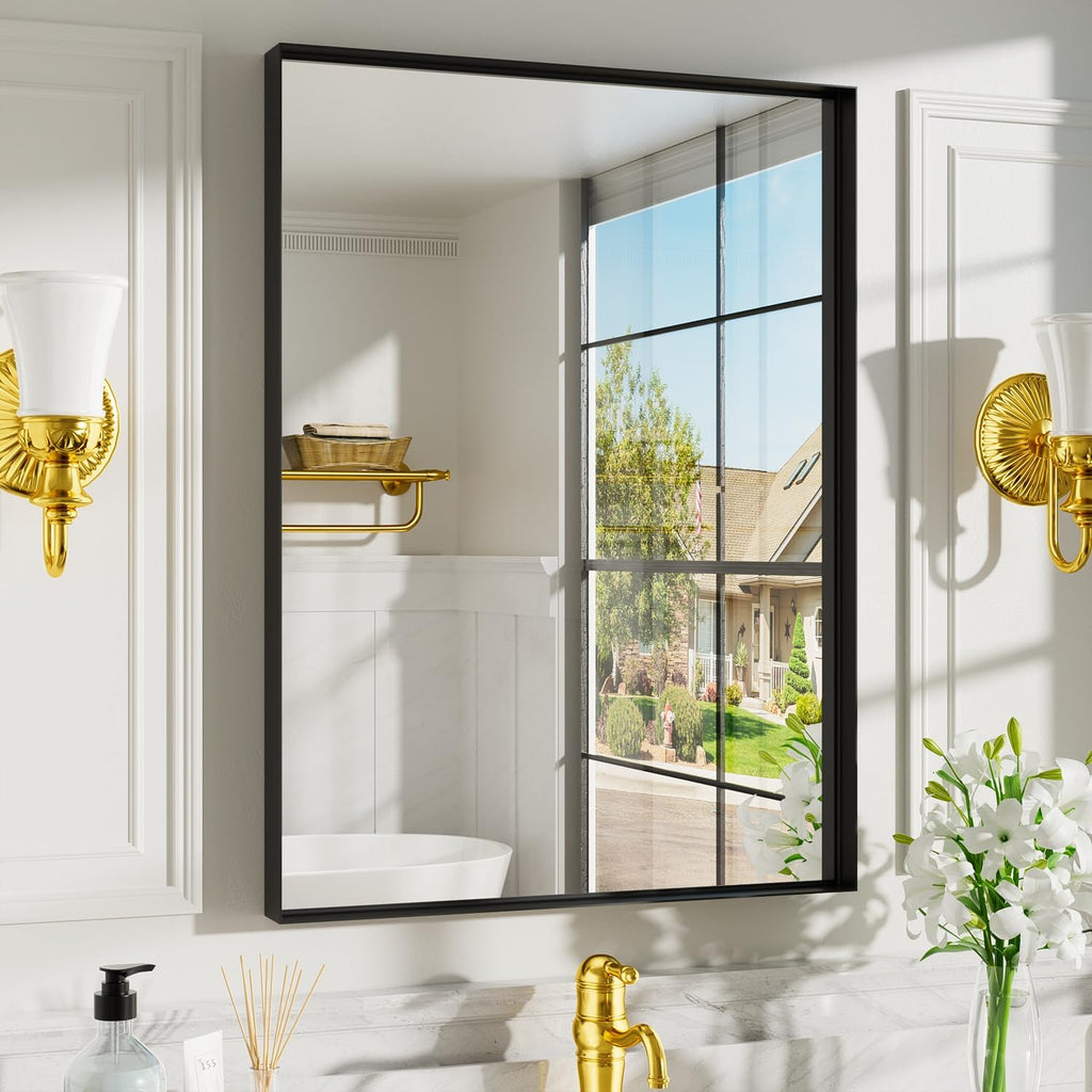 Regine Switzerland Black Vanity Wall Mirror - 22x30 Inch Rectangular Aluminum Framed Bathroom Mirror | Anti-Rust Tempered Glass, Versatile Horizontal/Vertical Design
