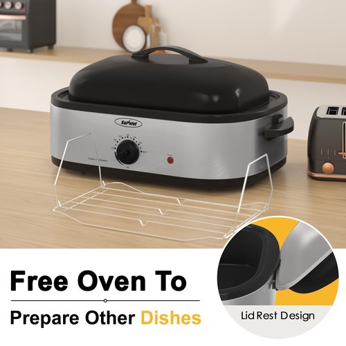 SUNVIVIPRO 14-Quart Electric Roaster Oven with Self-Basting Lid, Turkey Roaster Oven with Rack, Stainless Steel, Silver, 14 QT
