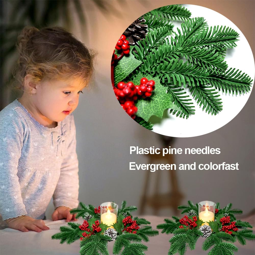 Skiennix Christmas Small Wreaths - 3 Pcs 13.5 Inch Pine Candle Rings for Table Centerpieces & Home Decor