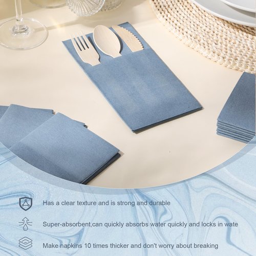 Gueevin 200 Pcs Wooden Cutlery Set Disposable Wood Utensil for 50 Guest Fork Spoon Knives Linen Napkin Disposable Cutlery for Wedding Party Supplies Event and Takeout(Dusty Blue)
