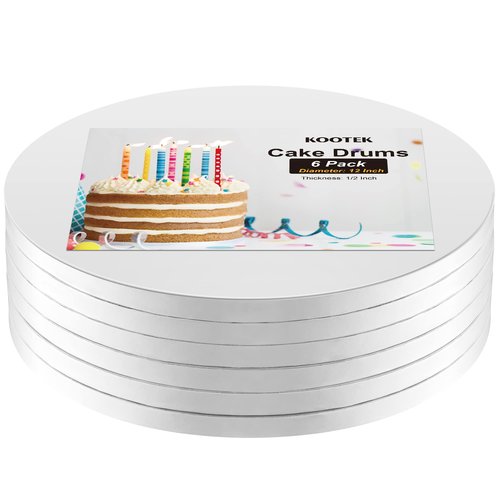 Kootek Cake Boards 12 Inch Round, 1/2 Inch Thick Cake Drum, Sturdy Corrugated Cardboard Base, Base para Pastel, White, 6 Pack