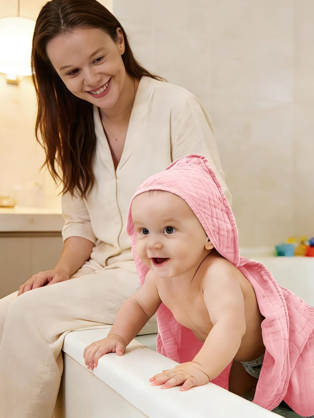 Muslin Hooded Baby Bath Towels - Ultra-Soft 100% Cotton | 3 Pack for Newborns & Toddlers - 32x32 Inch, Quick-Dry Pink Series