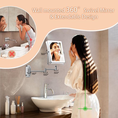 FASCINATE 5000mAh Rechargeable Wall Mounted Makeup Mirror, 8.7" Double Sided Touch Switch 1X/30X Rectangle Wall Mounted Magnifying Mirror with Light, 3 Color Setting, Extended Arm 360° Swivel Foldable