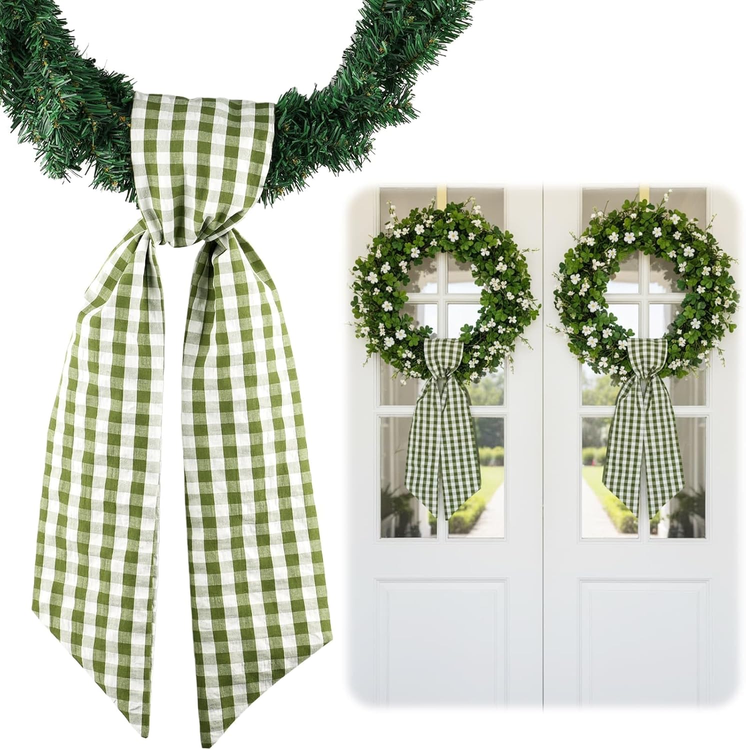 Regine Switzerland Green & White Plaid Wreath Sash - 2 Pack Indoor/Outdoor Spring & St. Patrick's Day Decor