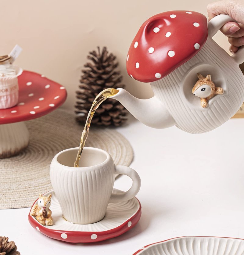 RESVUGA Cute Mushroom Teapot, Handmade Glaze Polka Dot Lid, Safety Matt Ceramic Tea Pot, With squirrel decoration. 23 oz / 680 ml. Best Gifts for Women & Girls.
