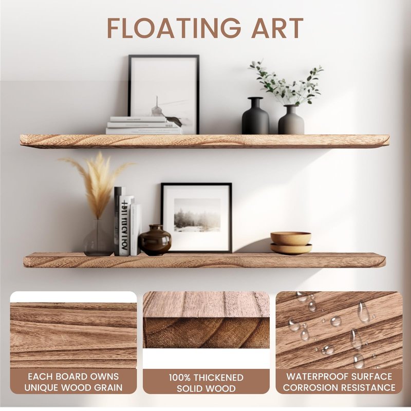 YLYHSST Floating Shelves 36 Inches Long, Set of 2 Solid Rustic Wood Wall Mounted Shelves, Wall Picture Ledge Shelf with Invisible Metal Brackets for Living Room, Bedroom, Bathroom, Carbonized Black