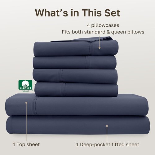 California Design Den 6-Pc Queen Size Sheet Set - 400 Thread Count 100% Cotton, Deep Pocket, Indigo Dusty Blue