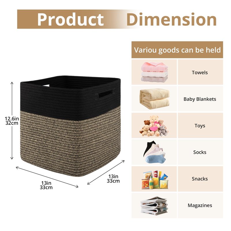 OIAHOMY 13 Inch Cube Storage Bins, 3-Pack Cotton Rope Woven Baskets for Organizing, Insert Storage Baskets for Shelves, Baby Nursery, Closet Organizer, 13 * 13 * 12.6IN, Black & Mixed Brown
