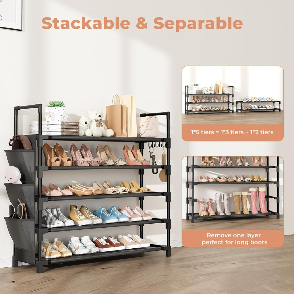 Skiennix 5-Tier Shoe Rack - Stackable Organizer for 20-25 Pairs | Space-Saving Design with Hooks & Pocket