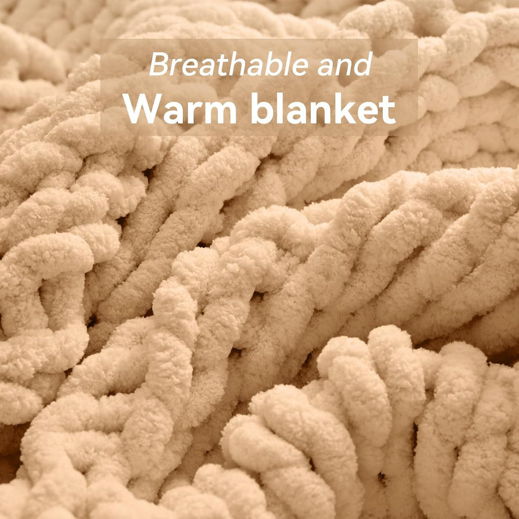 Negwoo Chunky Knit Throw Blanket - Handmade Beige Chenille Yarn | Cozy 30'' x 40'' Machine Washable Decor