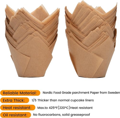 Bake Choice Nordic Paper Large Tulip Cupcake Liners - 200 Pcs Natural Muffin Wrappers for Parties
