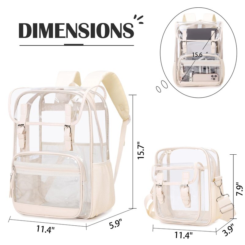 ACESAK Clear Backpack Heavy Duty Thick - Clear Bookbag with Lunch Bag Set for School See Through PVC Transparent Backpacks for College Travel Work Girls Women (Beige)