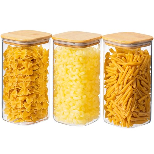 Xoniwis 51oz 3PCS Glass Storage Container with Wood Lid for Kitchen Organization, Food Storage Pantry Jar with Airtight Lids for Cereal, Oat, Pasta, Flour, Rice, Sugar, Tea, Coffee, Cookie, Candy