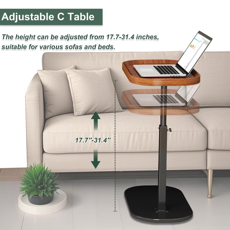 YunMeoCool Adjustable Height C Shaped Side Table, Couch Tables That Slide Under, C Side Table Raised Edge, 360°Swivel C Shaped End Table, Small Coffee C Table, End Table for Sofa/Bed/Bathtub
