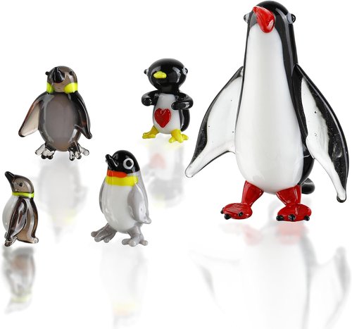 HDCRYSTALGIFTS Blown Glass Penguin Figurines Set - Handmade Miniature Ocean Animal Sculptures