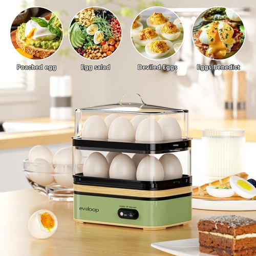 Evoloop Electric Egg Cooker - Rapid 12 Egg Capacity for Soft, Medium, Hard Boiled & Poached Eggs | BPA Free Green Tray