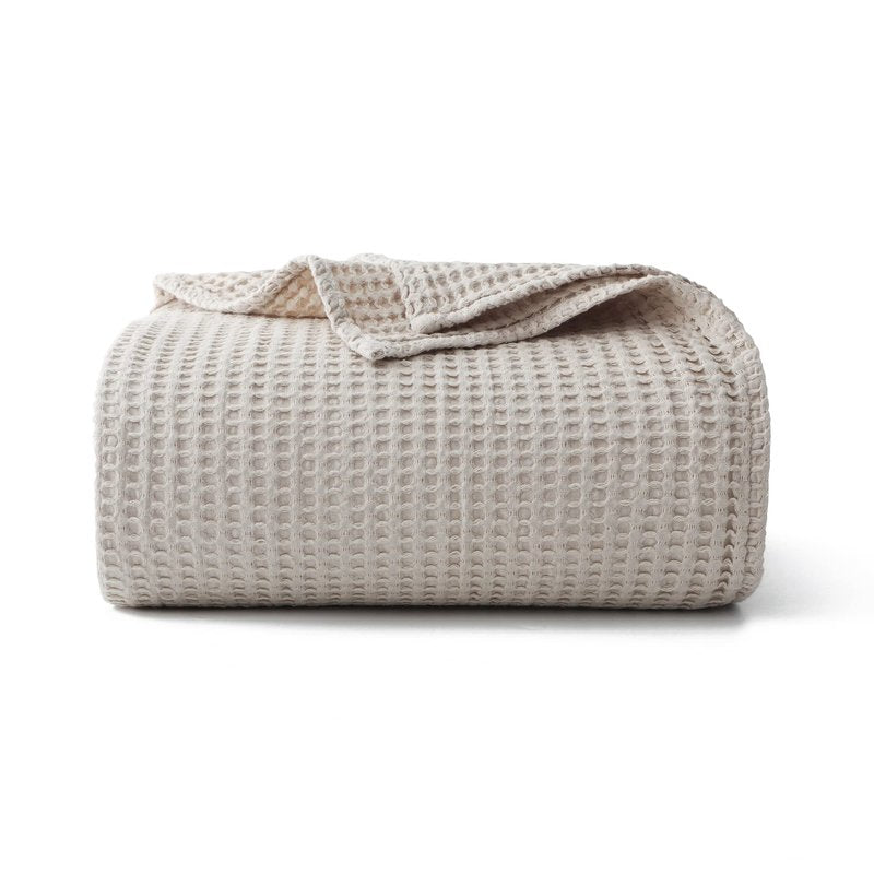 100% Cotton Waffle Blanket (Khaki - Twin Size - 66 * 90''), Pre-Washed and Anti-Shrinkage Soft Lightweight Bed & Couch Blanket, 380 GSM Waffle Weave Throw Blanket for All Seasons