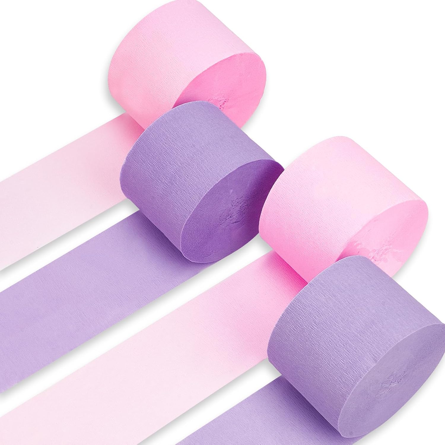 PartyWoo Crepe Paper Streamers - Light Pastel Pink & Purple | 328ft Pack of 4 for Birthday & Baby Shower Decor