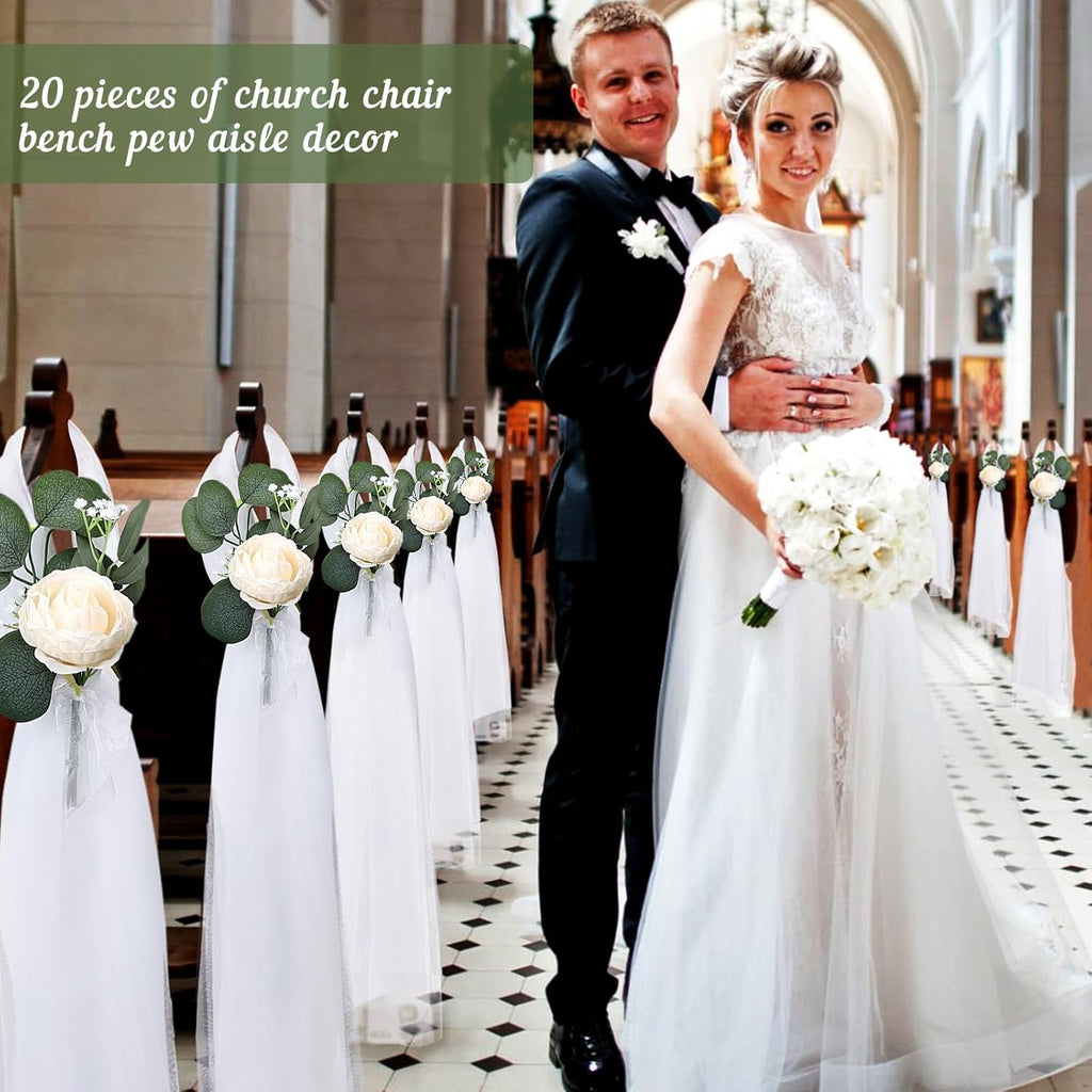 Skiennix Wedding Aisle Decorations - 39.4" Artificial Silk Rose Flowers with Long Tulle Tails - Champagne