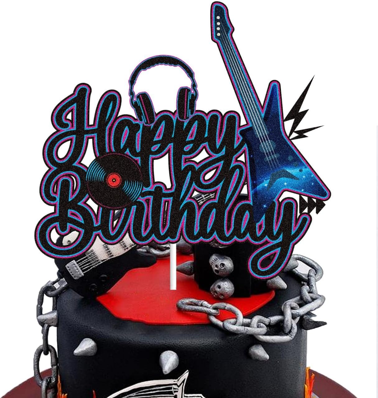 Skiennix Electric Guitar Cake Topper - Black & Purple Glitter Rock Music Theme for Birthday Parties