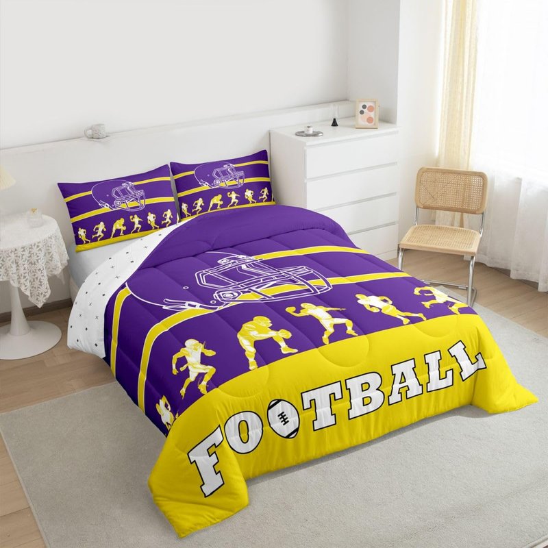 Erosebridal American Football Comforter Twin Size,Football Bedding Set for Kids Boys Girls,Purple Yellow Sports Comforter Sets,Football City Team Duvet Insert with 1 Pillowcase(Minnesota)