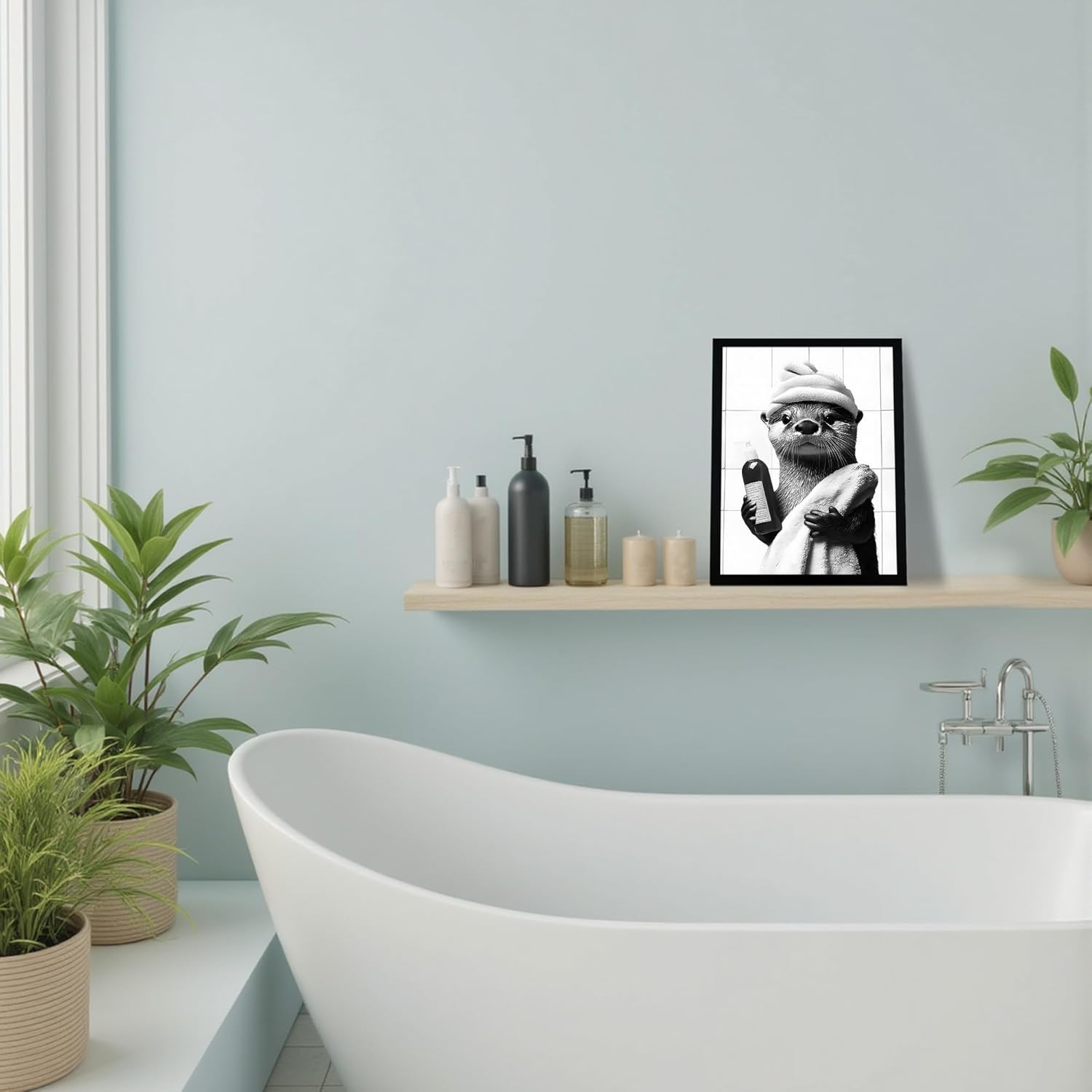 SYWENNOI Black and White Bathroom Canvas Wall Art - Funny Otter Bath Decor | Ready to Hang 8x10 Inches