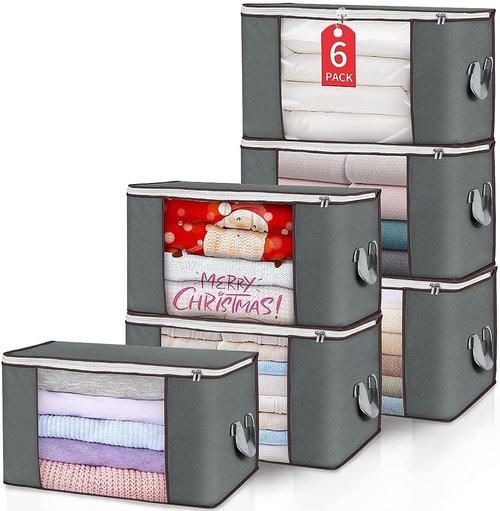 Budding Joy | Foldable Large Blanket Storage Bags - 60L Capacity, 6-Pack, Gray | Ideal for Clothes, Toys & More