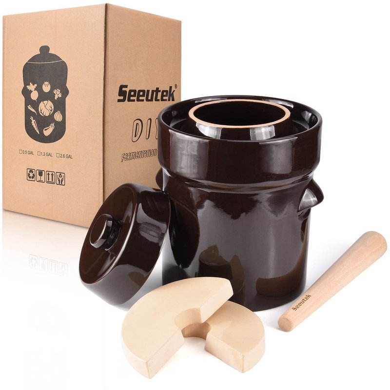 Seeutek Fermentation Crock Jar 5 Liter / 1.3 Gallon - Stoneware Pot for Fermenting, Pickling Kimchi, Pickles, Vegetables, Kombucha - Glazed Fermenter with Stone Weights, Lid & Pickle Tamper