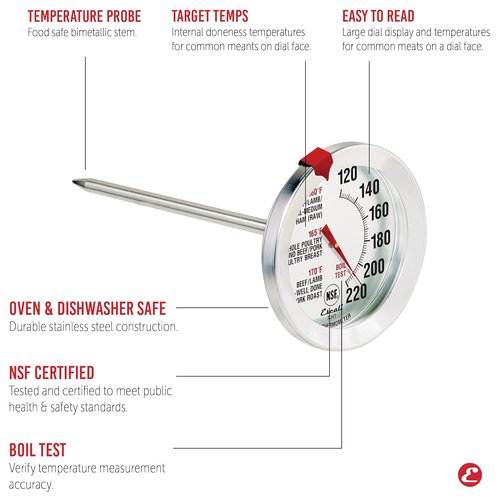 Escali AH1 Stainless Steel Meat Thermometer - Oven Safe 2.5-Inch Dial with Temperature Labels for Beef, Poultry, Pork & Veal