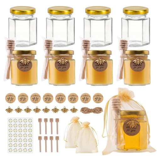 SZUAH 8 Pack 3 oz Mini Honey Jars with Dipper, Glass Hexagon Honey Jar for Wedding Favors, Empty Glass Jars for Party Favor