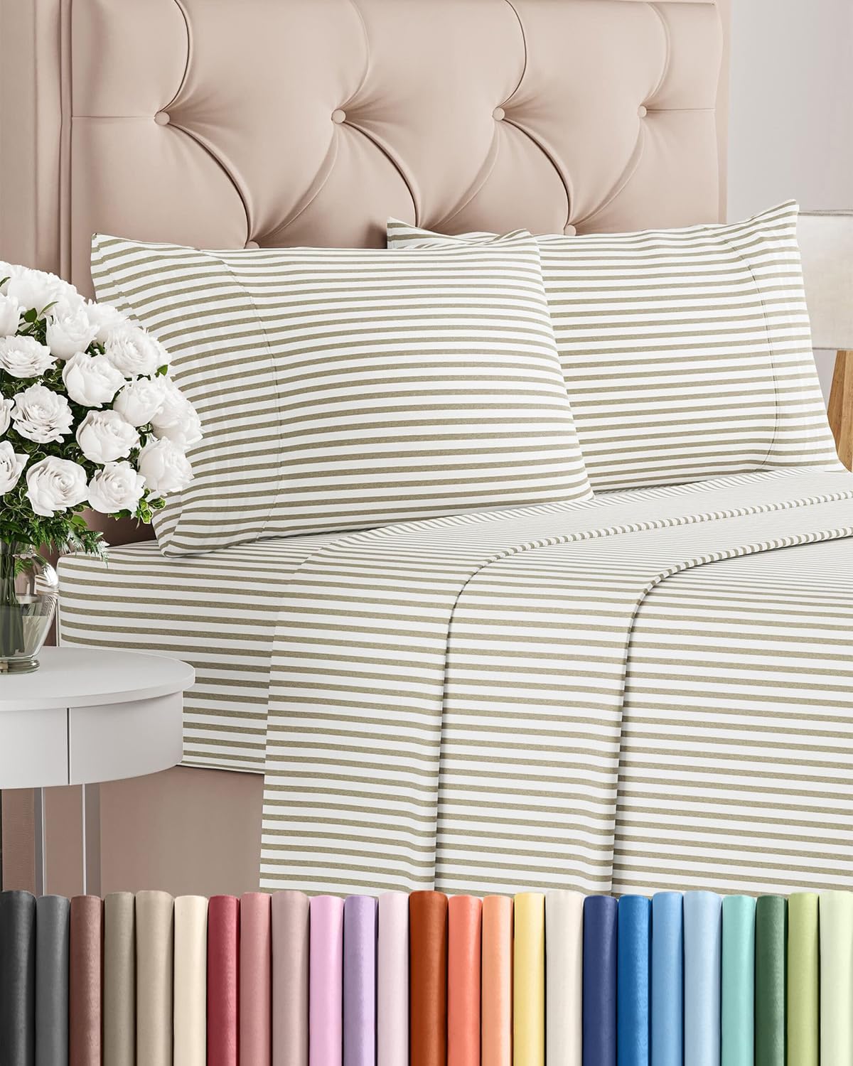 Skiennix King Size 4-Piece Sheet Set - Comfy, Breathable & Cooling Bedding - Deep Pockets, Soft, Wrinkle-Free - Beige Stripes