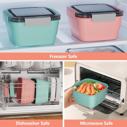 Cherrysea Salad Lunch Box - 2-Pack Leak Proof Bowls with 3 Compartments & Fork | Green & Pink