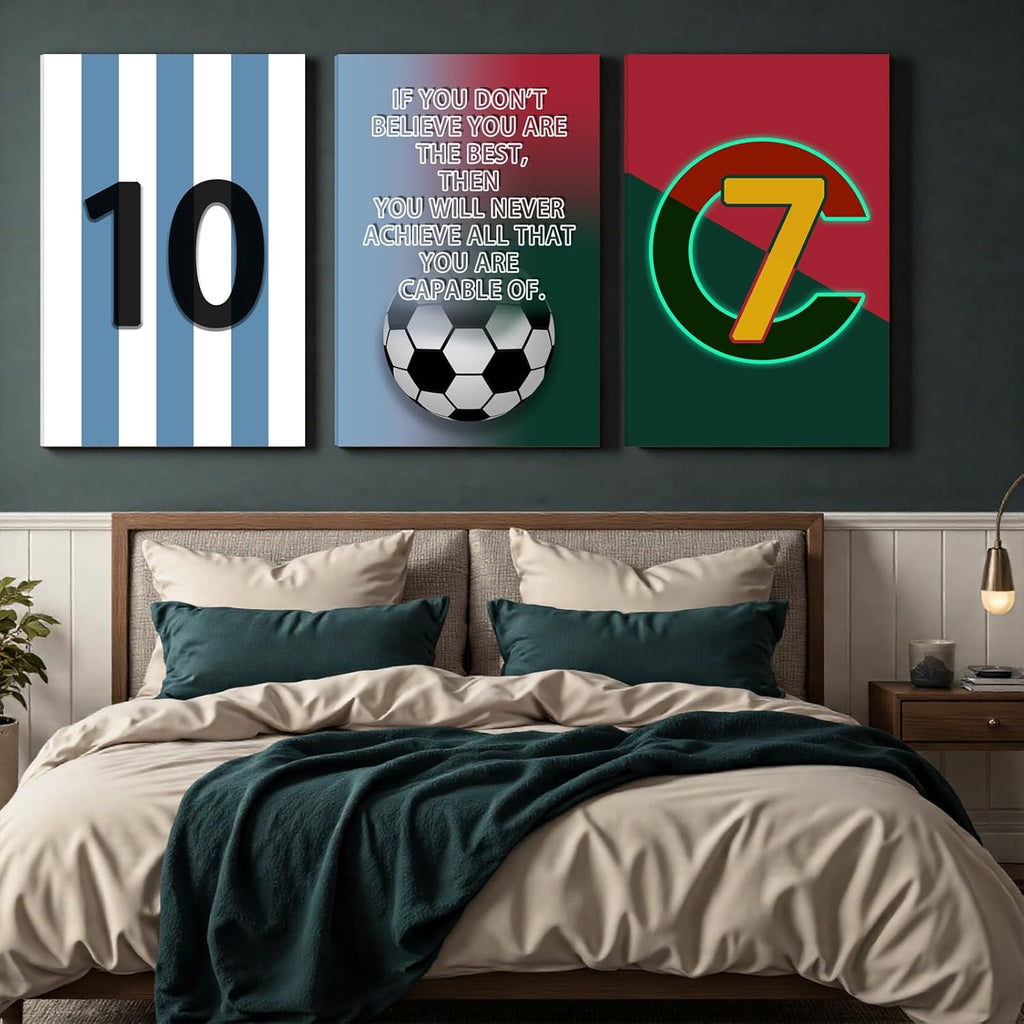 Pormipone Football Wall Art - 3 Pcs Soccer Canvas Posters for Boys Room | 16x24 in Inspirational Decor