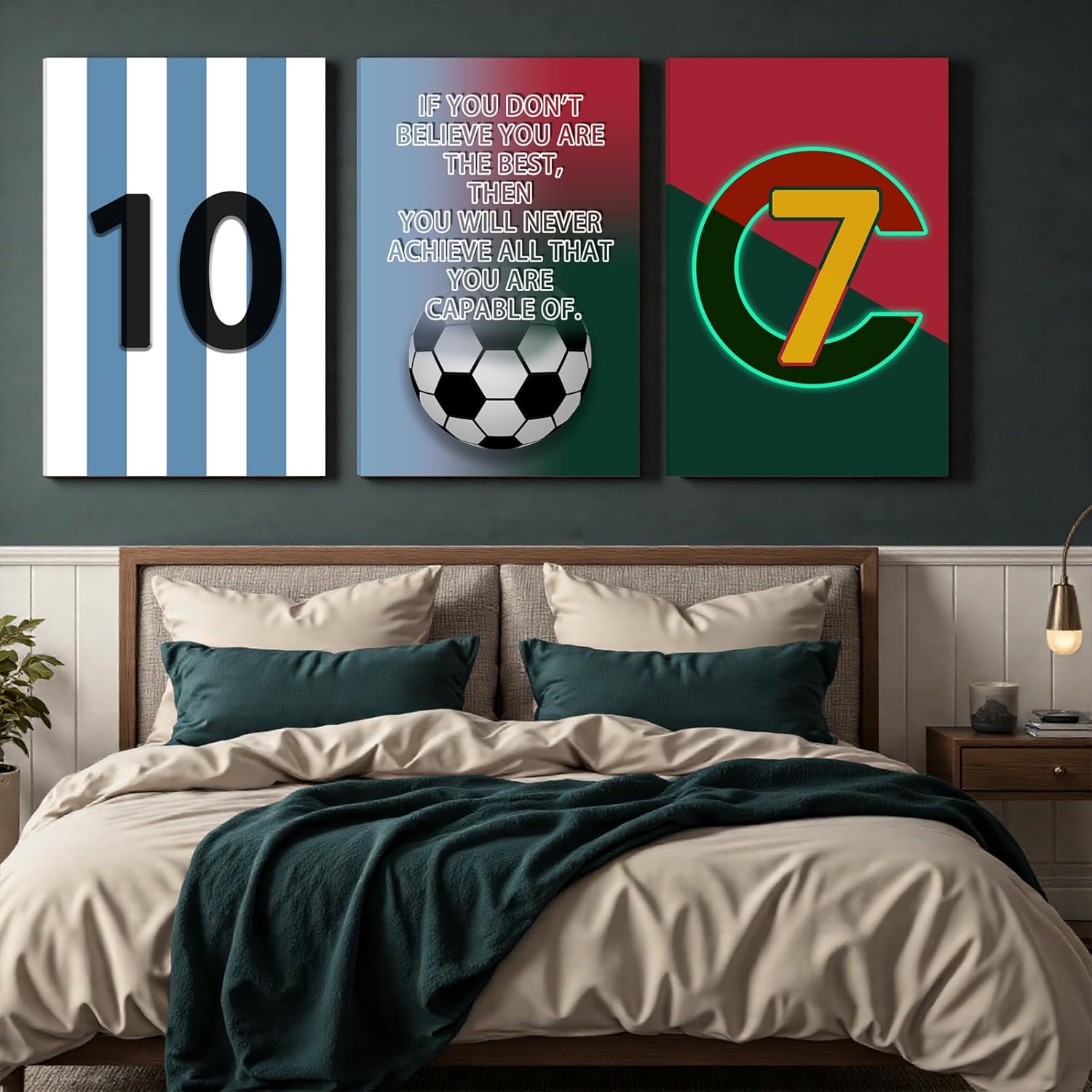 Pormipone Football Wall Art - 3 Pcs Soccer Canvas Posters for Boys Room | 16x24 in Inspirational Decor