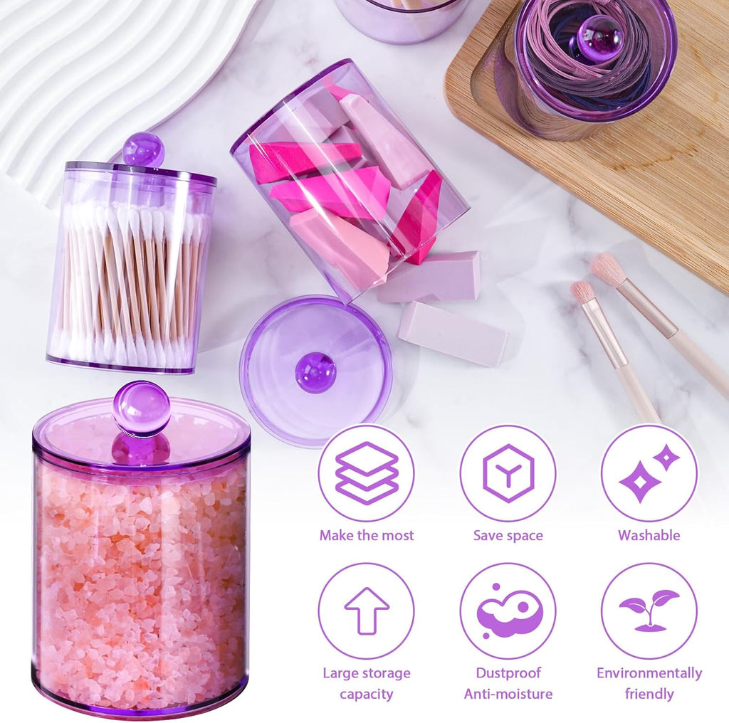 XIPENGKEJI Qtip Holder Set - 6 Pack Apothecary Jars with Lids for Bathroom Organization | 10oz-12oz Purple