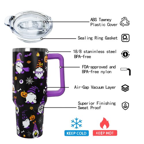Ceovfoi 40 oz Halloween Gnome Tumbler, Insulated Stainless Steel Travel Mug, Gothic Halloween Gnome Decor Gift for Women