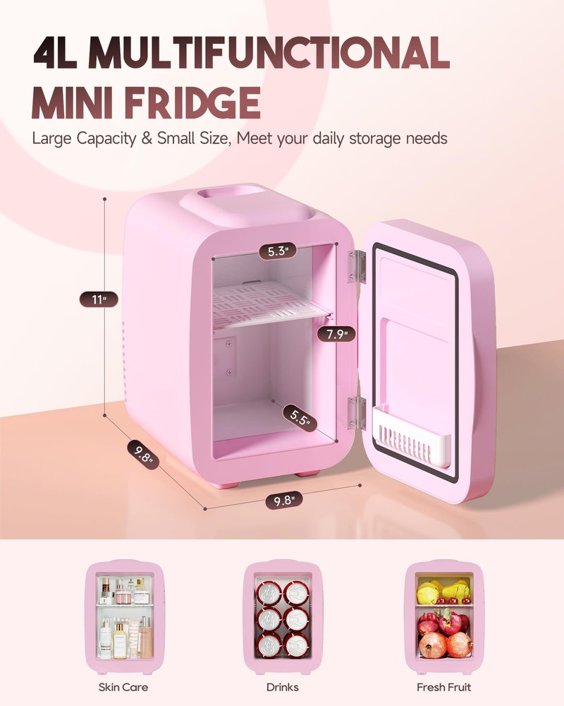 BEICHEN Skincare Fridge with Dimmable LED Light Mirror,4 Liter/6 Can Mini Fridge Skincare for Bedroom,Office, Car, Dorm,Cooler and Warmer, Portable Mini Fridge for Skin Care, Cosmetics, Food,Pink