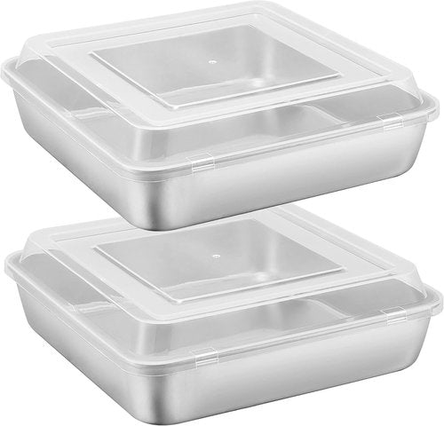 E-far 9-Inch Square Cake Pan Set - Non-Toxic Stainless Steel Bakeware with Lids | Easy Clean & Dishwasher Safe - 4 Pieces