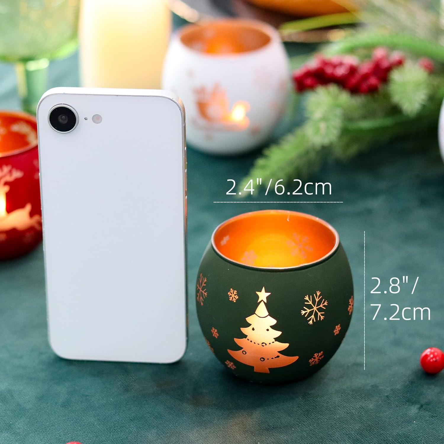 Skiennix Christmas Candle Holders - Set of 4 Frosted Glass Tealight Votives | Holiday Table Centerpiece (Red, Green, White)