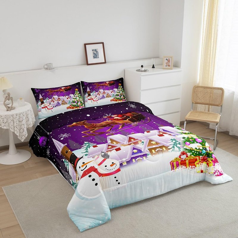 Manfei Xmas Comforter Set King Size, Snowman Christmas Tree Bedding Set 3pcs for Kids Boys Girls Room Decor, Santa Claus with Reindeer Quilt Set New Year Theme Duvet Set with 2 Pillowcases