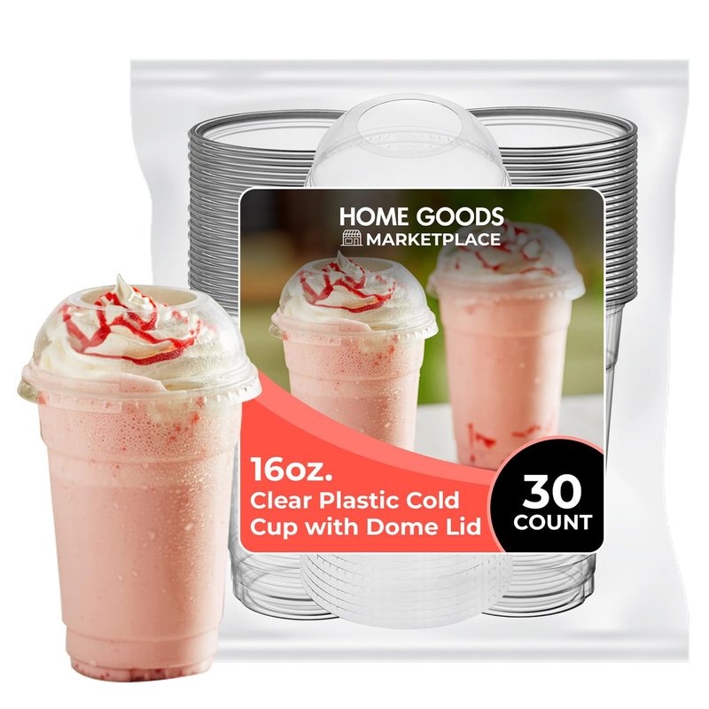 HOME GOODS MARKETPLACE 16 oz Clear Plastic Cups with Wide Dome Lids – 30 Pack | Disposable Cold Drink Cups for Smoothies, Iced Coffee, Bubble Tea, Slushies, Parfaits, and More